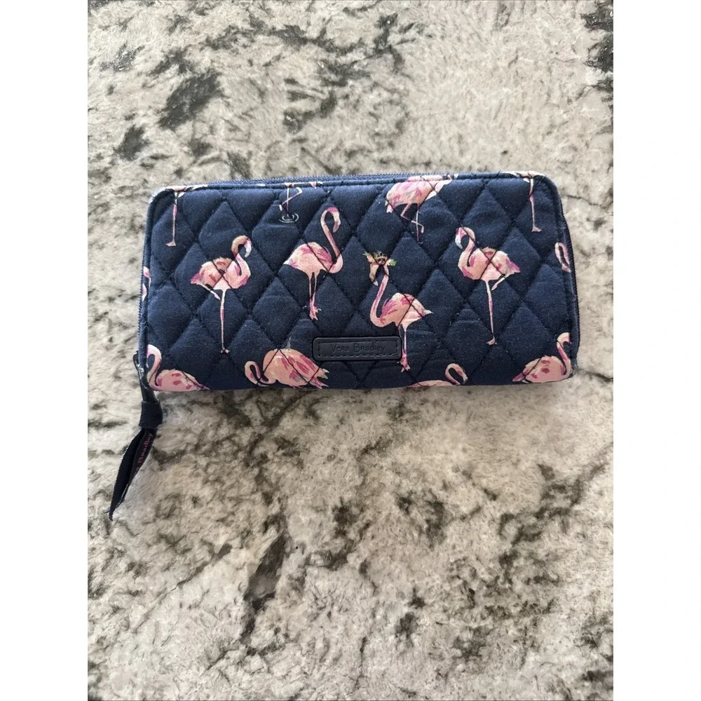 Vera Bradley Zip Around Wallet  Blue W/Pink  Minimalist Split Compartment